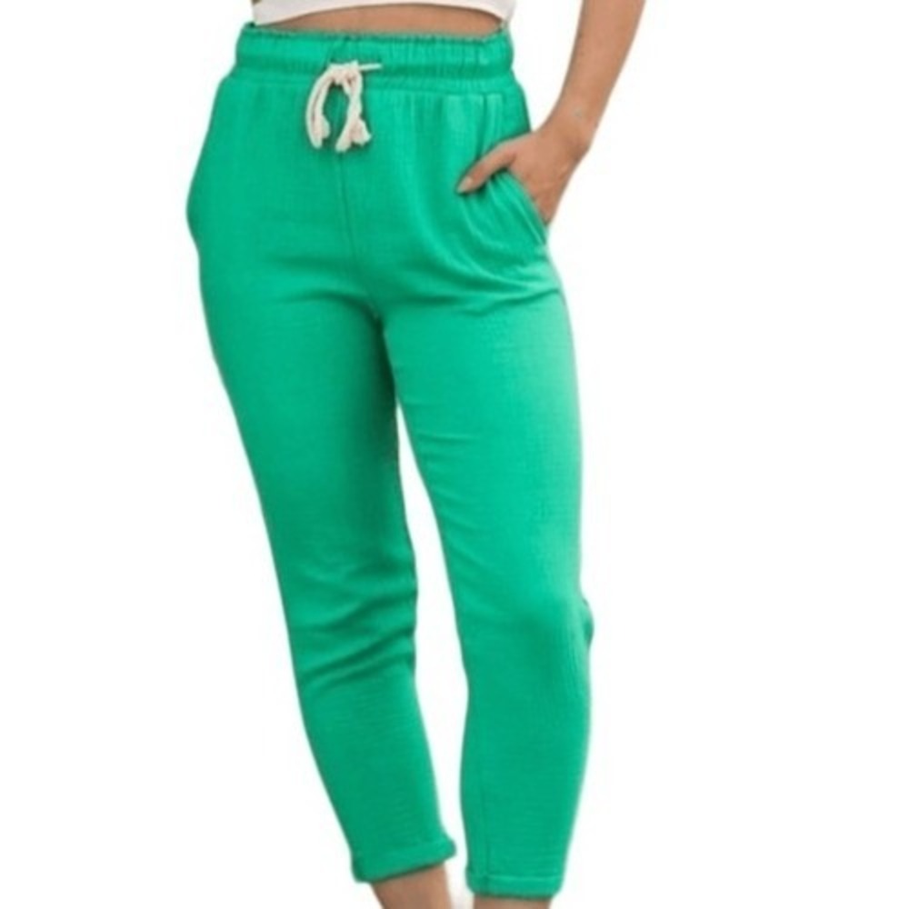 Sandrine Rose Green Joggers Size Small Raw Hem Tie Waist Athleisure Athletic